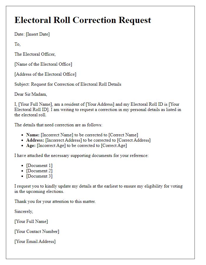 Letter template of electoral roll correction for updating personal details.