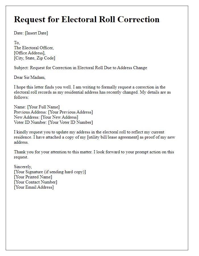 Letter template of request for electoral roll correction due to address change.