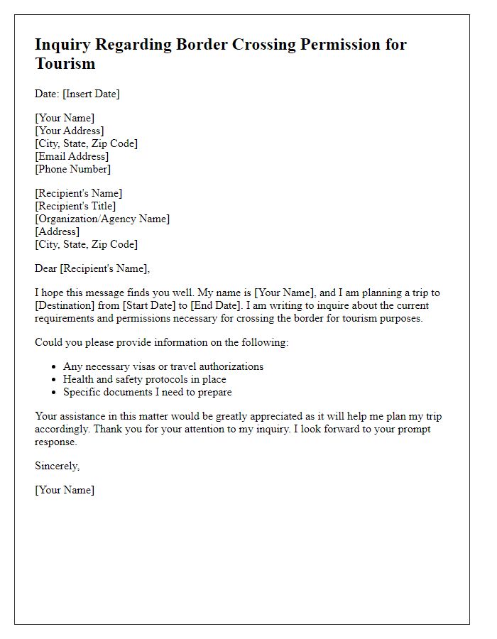 Letter template of inquiry regarding border crossing permission for tourism.