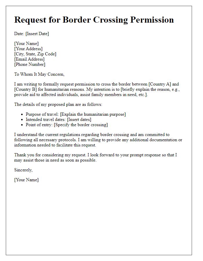 Letter template of request for border crossing permission for humanitarian reasons.