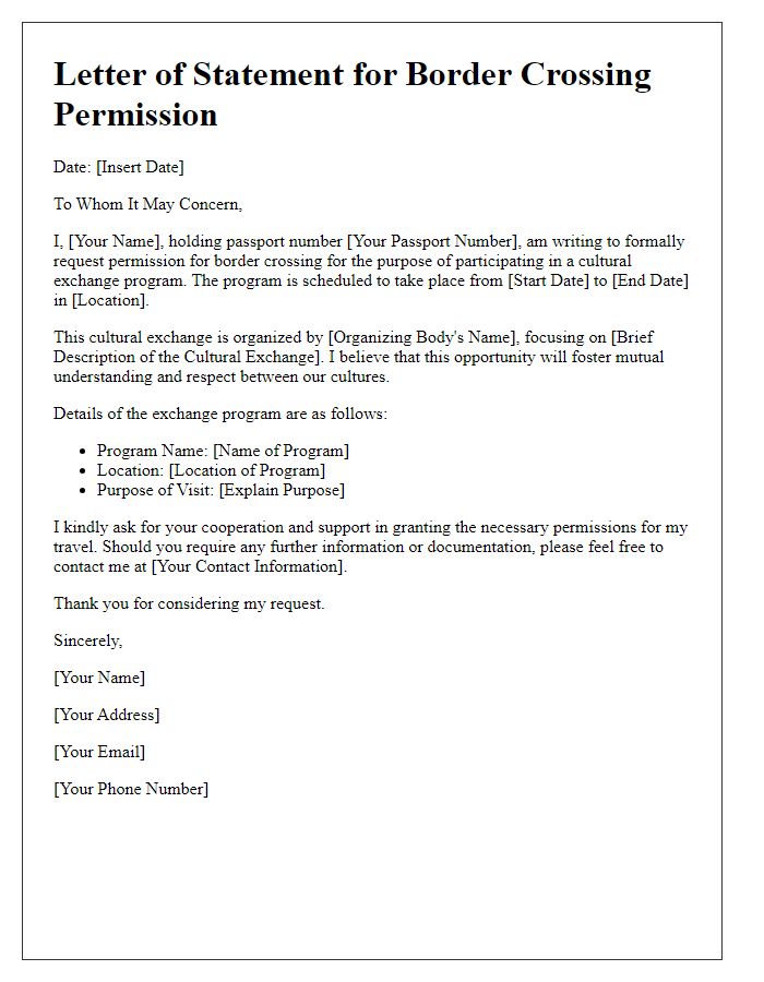 Letter template of statement for border crossing permission for cultural exchange.