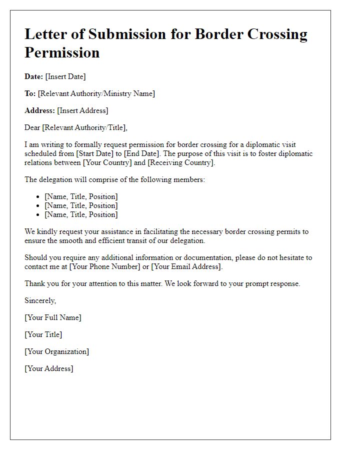 Letter template of submission for border crossing permission for diplomatic visits.