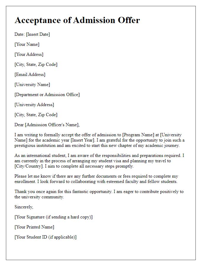 Letter template of acceptance of international student admission offer