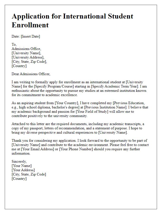 Letter template of application for international student enrollment