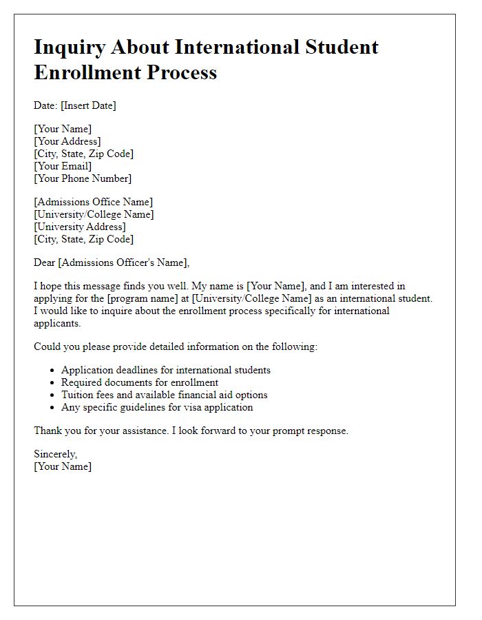 Letter template of inquiry about international student enrollment process