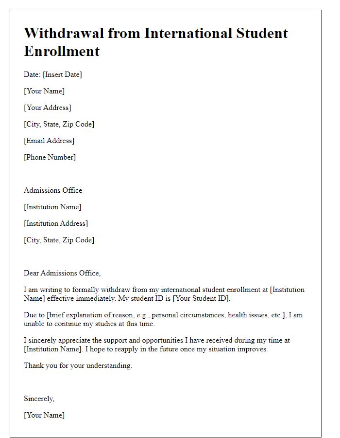 Letter template of withdrawal from international student enrollment