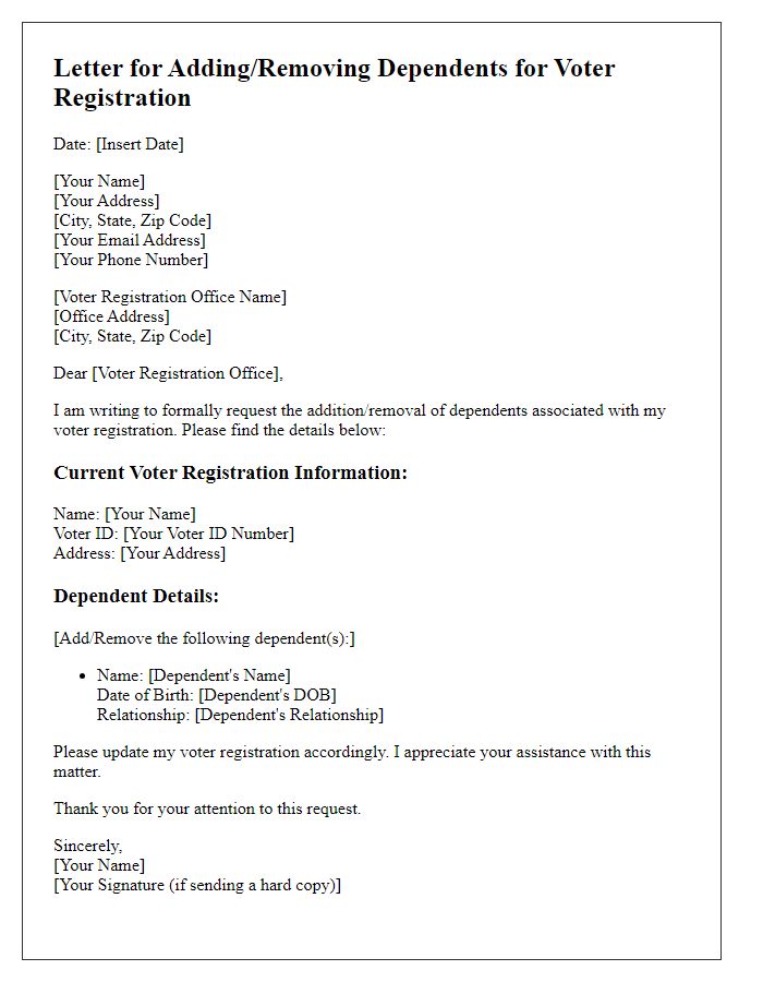 Letter template of adding/remove dependents for voter registration.