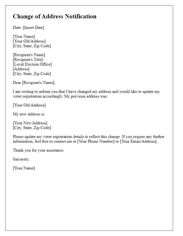 Letter template of change of address for voter registration.