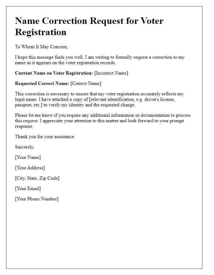 Letter template of name correction for voter registration.