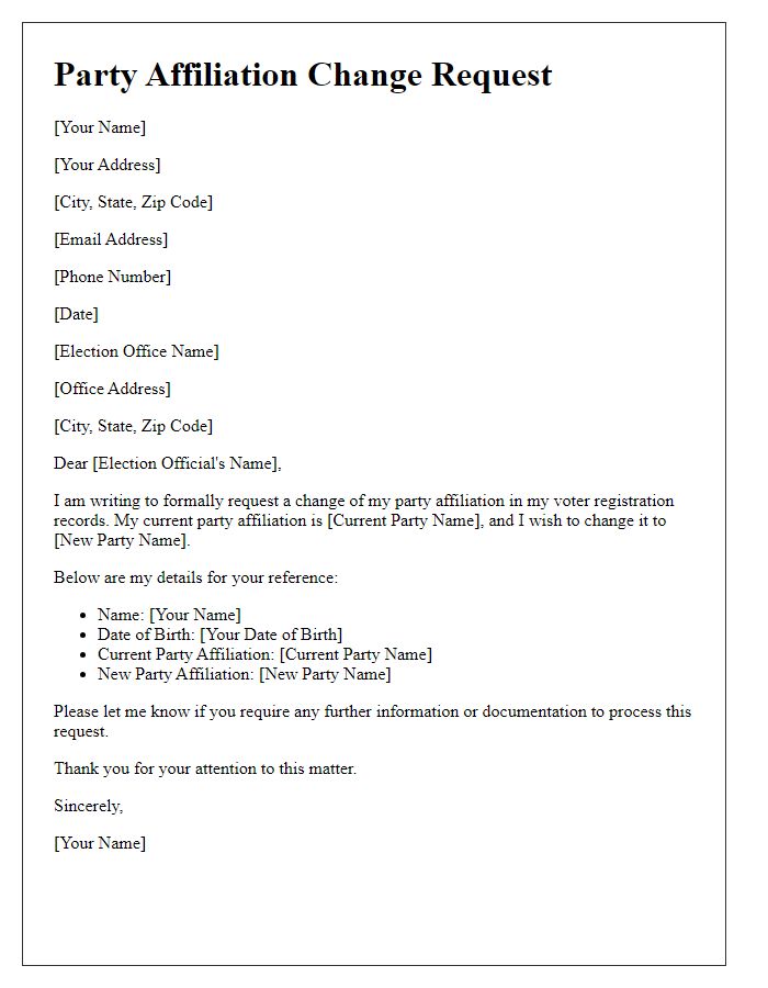 Letter template of party affiliation change for voter registration.