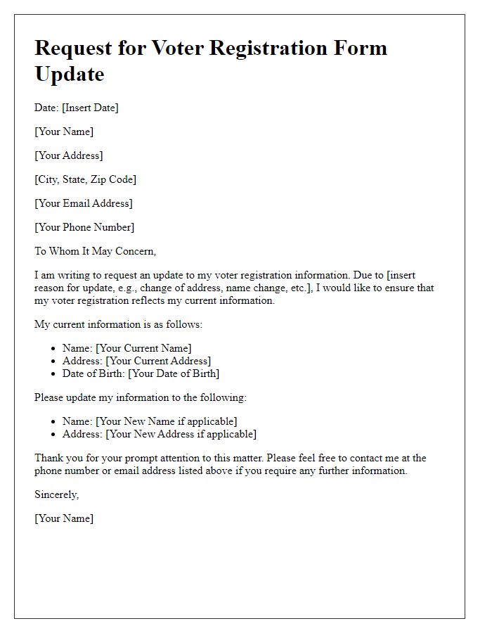 Letter template of requesting voter registration form update.