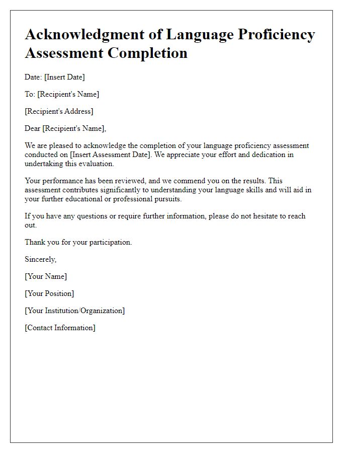 Letter template of acknowledgment for language proficiency assessment completion