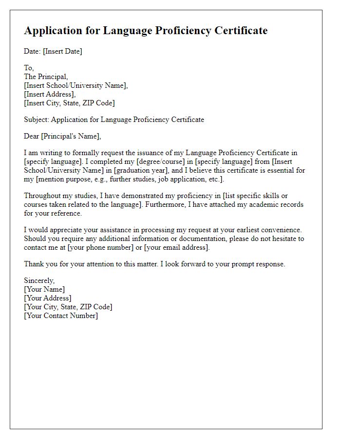 Letter template of application for language proficiency certificate