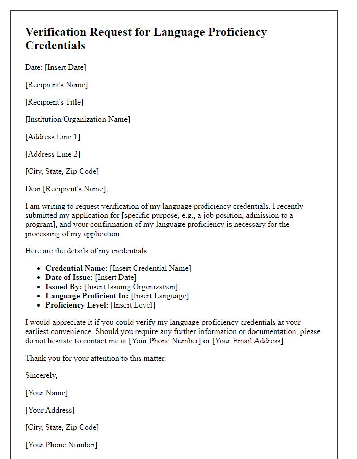 Letter template of verification request for language proficiency credentials