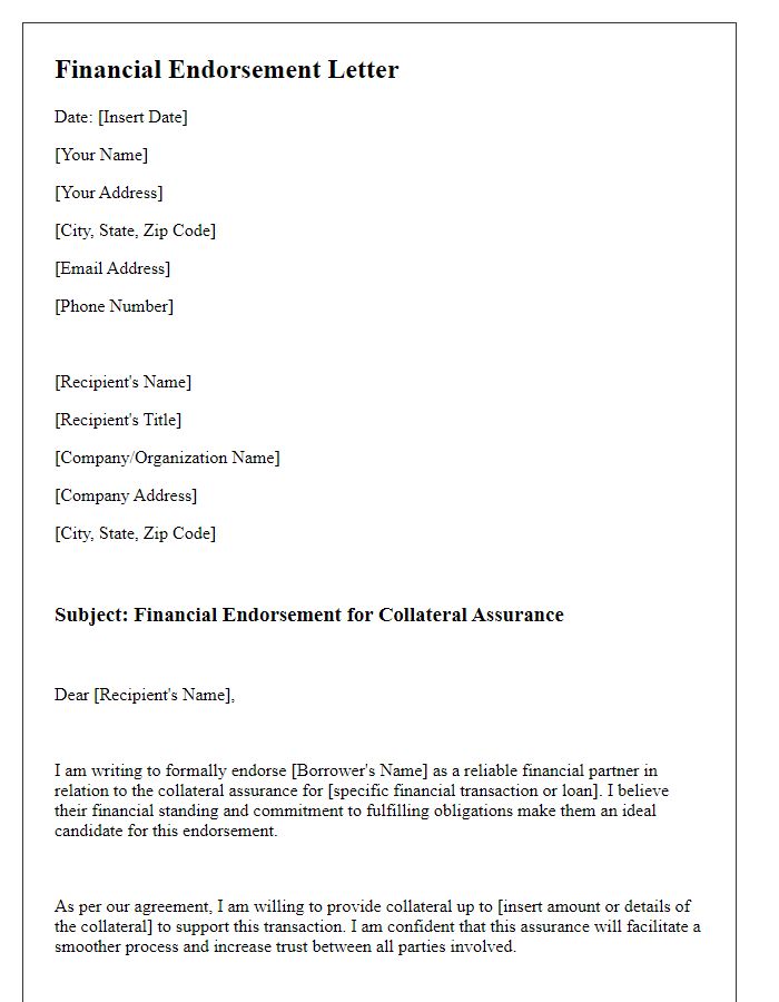 Letter template of financial endorsement for collateral assurance