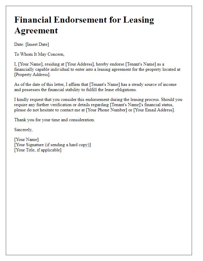 Letter template of financial endorsement for leasing agreement