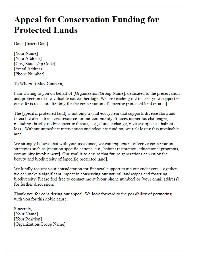 Letter template of appeal for conservation funding for protected lands