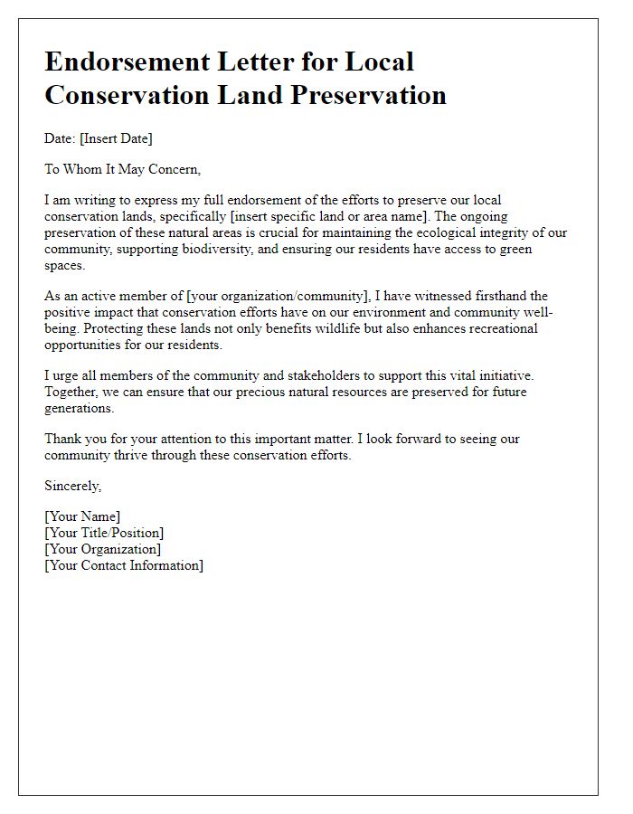 Letter template of endorsement for local conservation land preservation efforts