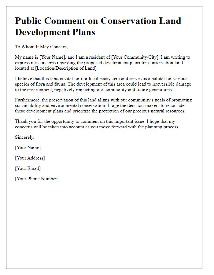 Letter template of public comment on conservation land development plans