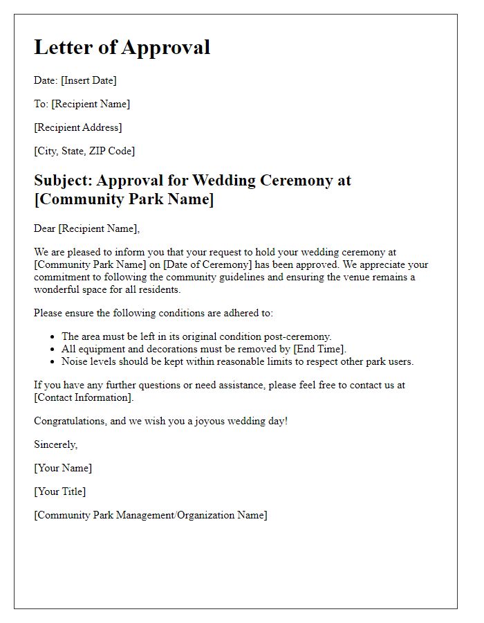 Letter template of wedding ceremony approval for community park usage.