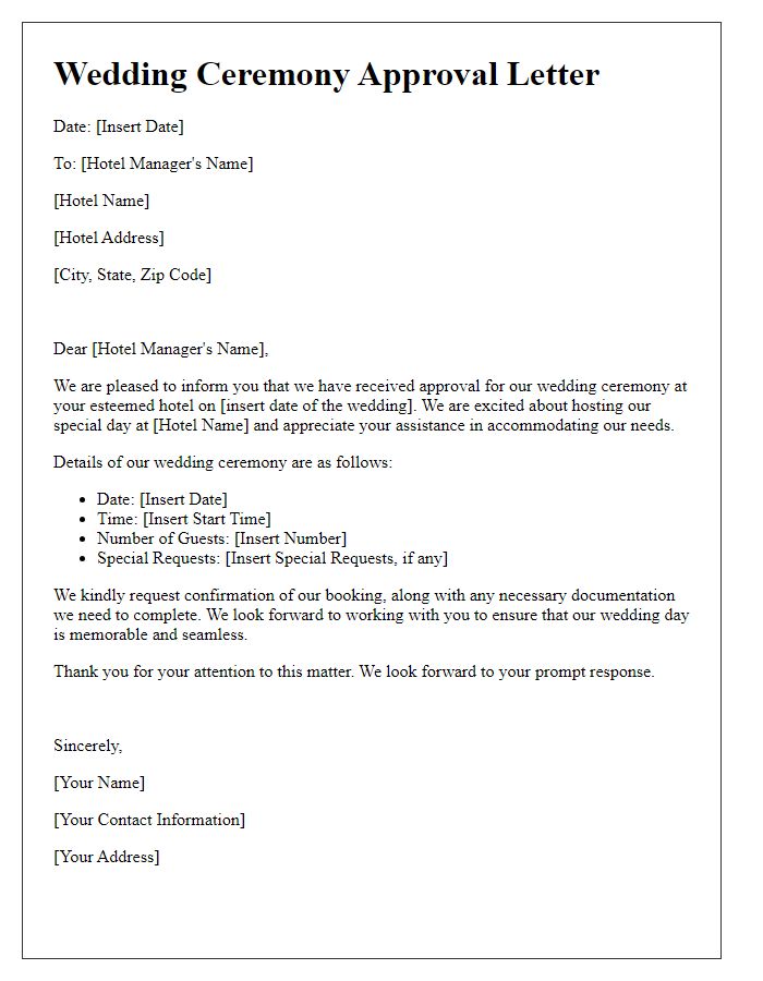 Letter template of wedding ceremony approval for hotel accommodations.