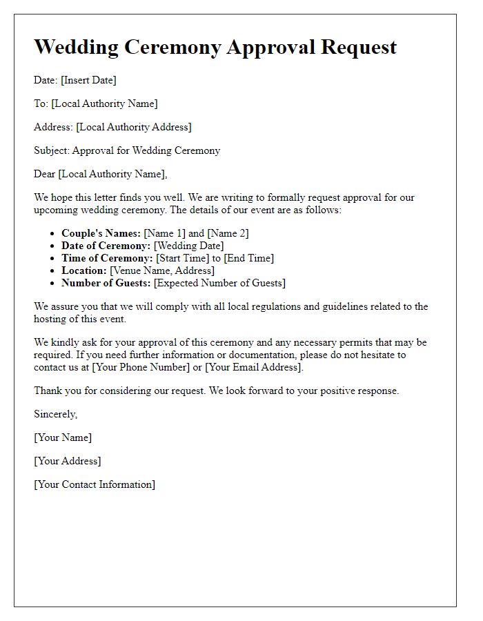 Letter template of wedding ceremony approval for local authorities.