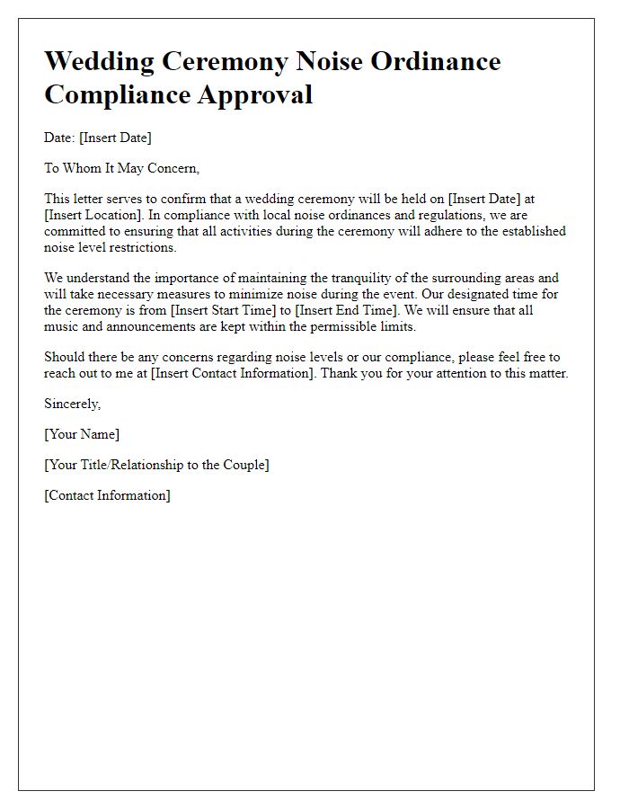 Letter template of wedding ceremony approval for noise ordinance compliance.