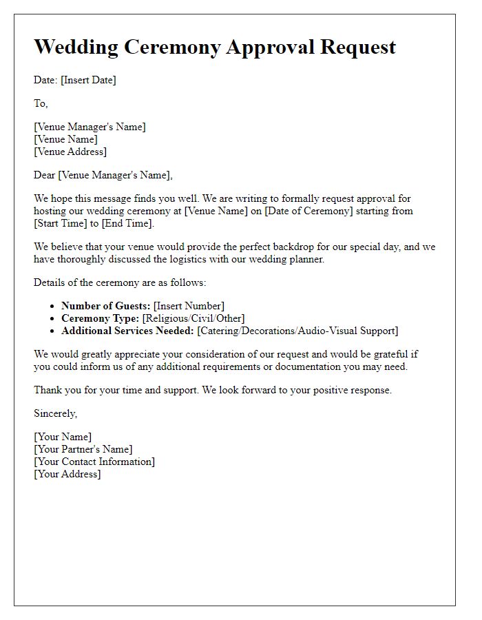 Letter template of wedding ceremony approval request for venue management.