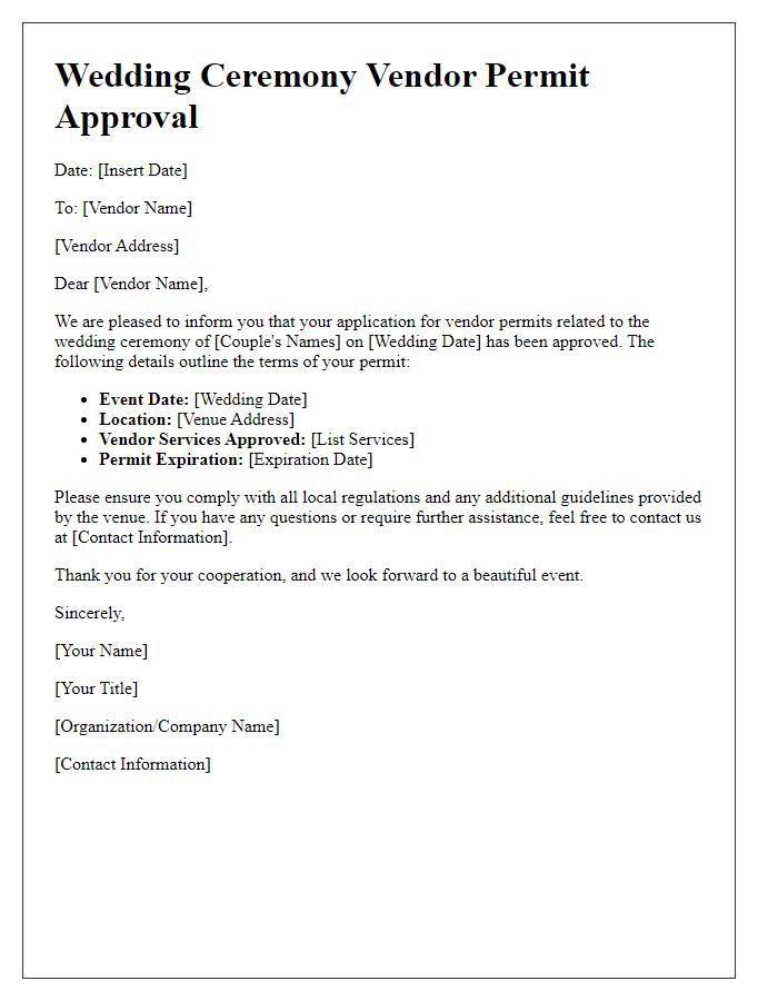 Letter template of wedding ceremony approval for vendor permits.