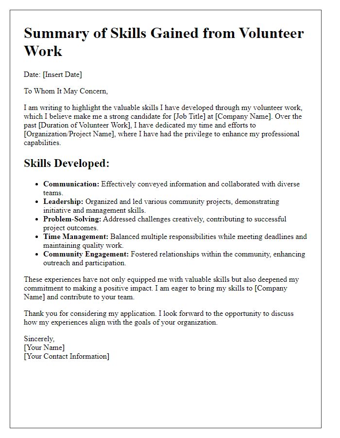 Letter template of Summary of Skills Gained from Volunteer Work for Job Applications