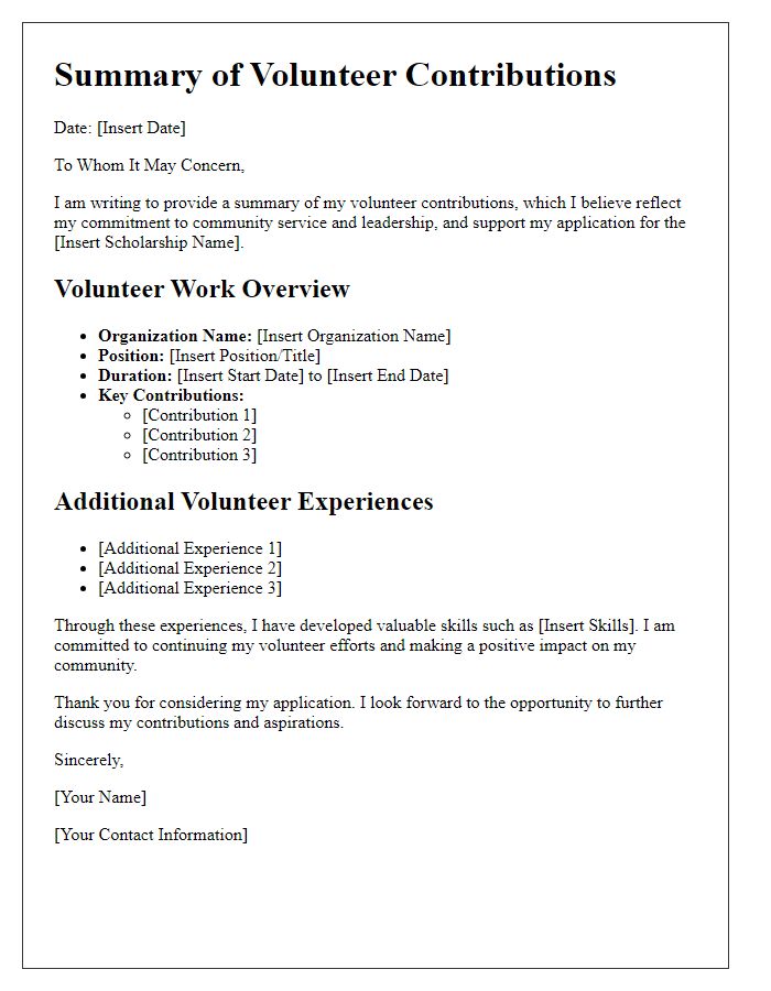 Letter template of Summary of Volunteer Contributions for Scholarship Applications