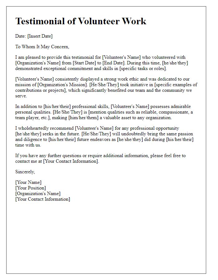 Letter template of Testimonial of Volunteer Work for Professional References