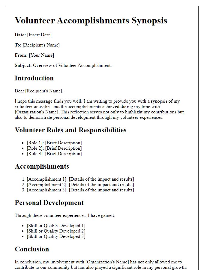 Letter template of Volunteer Accomplishments Synopsis for Personal Development