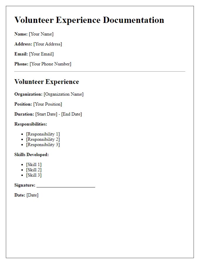 Letter template of Volunteer Experience Documentation for Resume