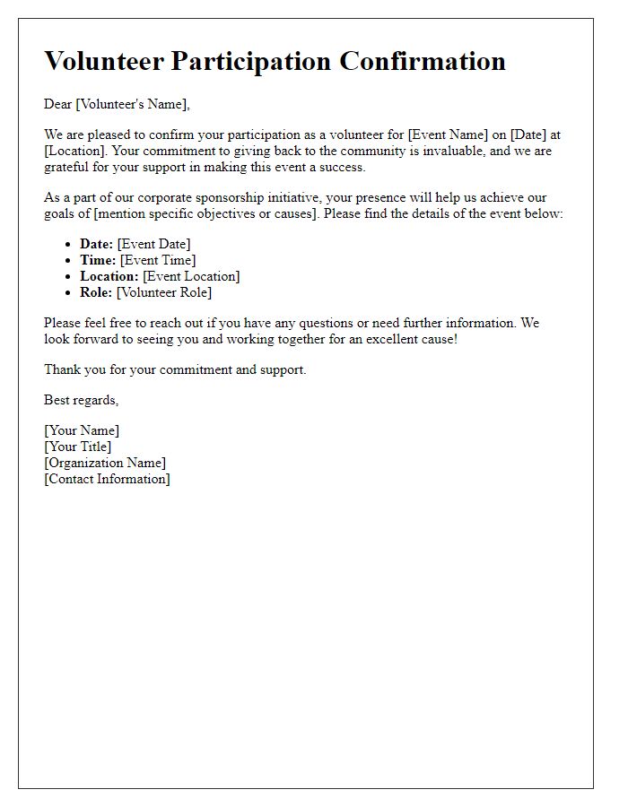 Letter template of Volunteer Participation Confirmation for Corporate Sponsorships