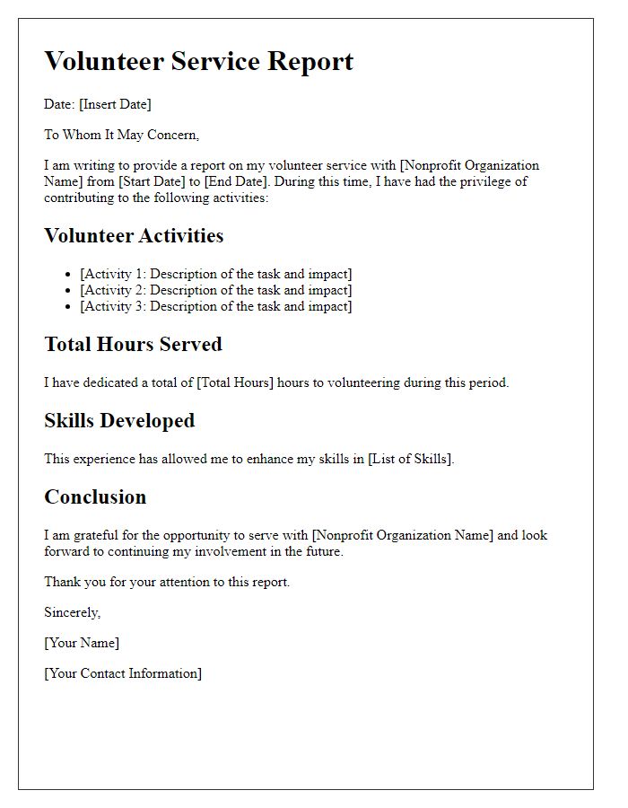 Letter template of Volunteer Service Report for Nonprofit Organizations