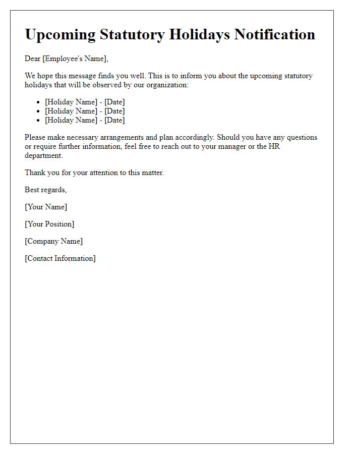 Letter template of communication on upcoming statutory holidays.