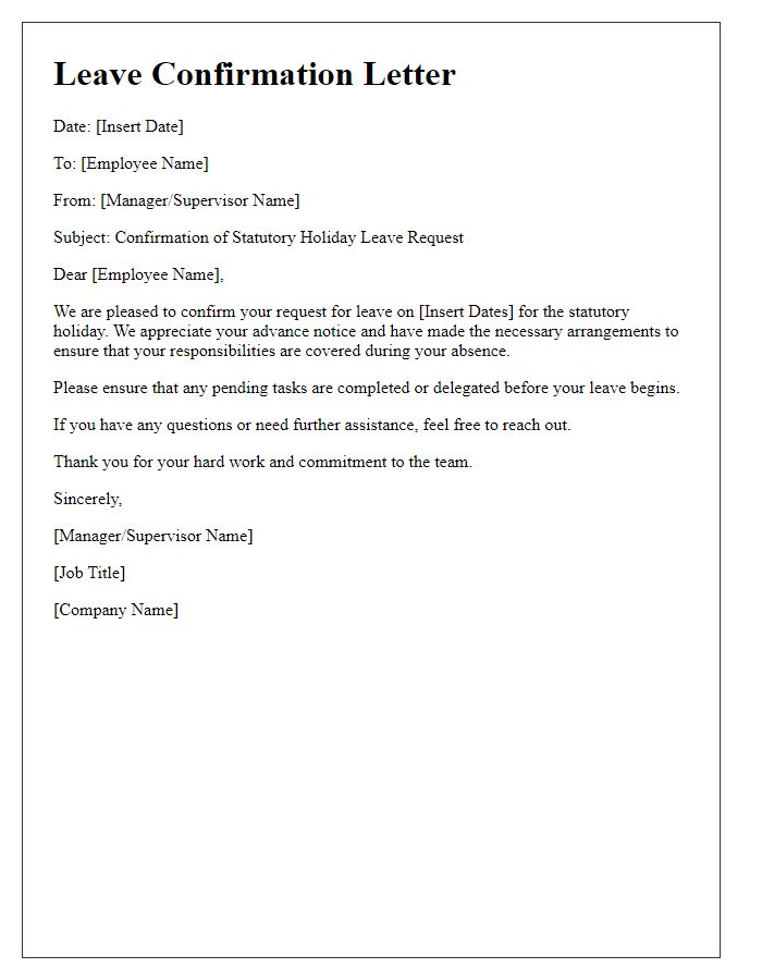 Letter template of confirmation for statutory holiday leave request.