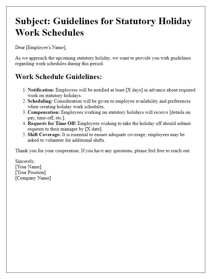 Letter template of guidelines for statutory holiday work schedules.