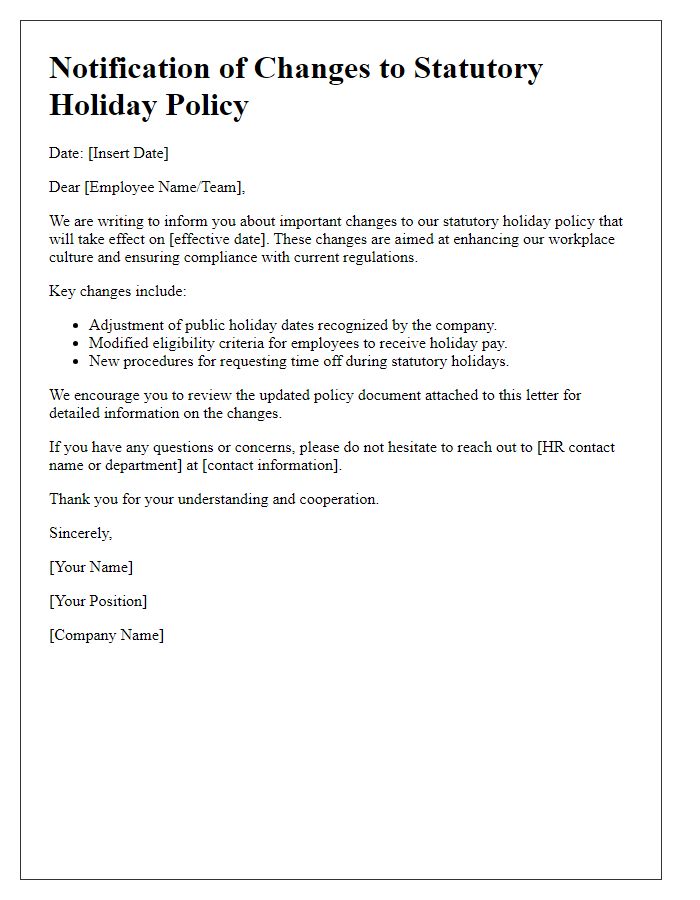 Letter template of notification about changes to statutory holiday policy.