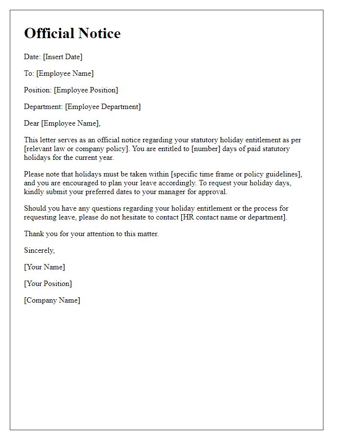 Letter template of official notice regarding statutory holiday entitlement.