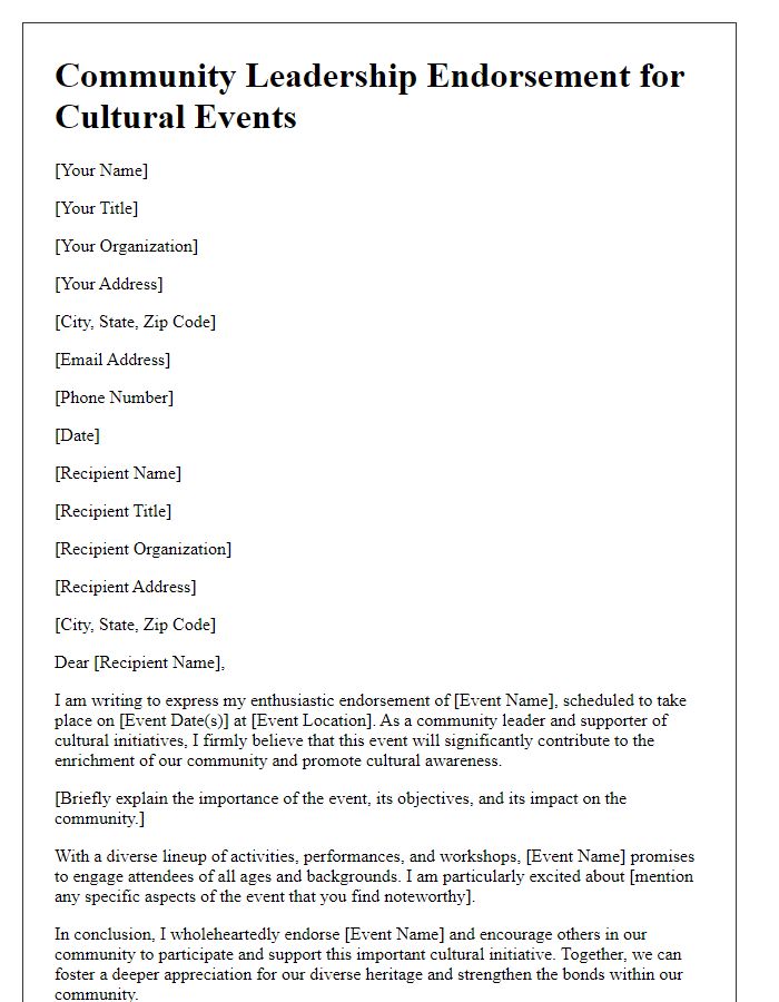 Letter template of Community Leadership Endorsement for Cultural Events