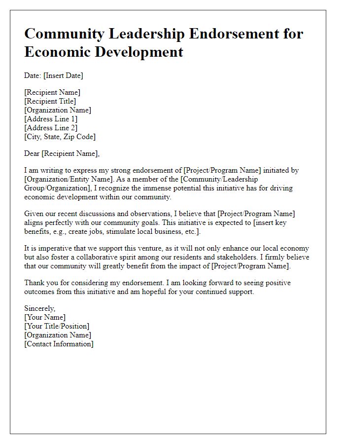 Letter template of Community Leadership Endorsement for Economic Development