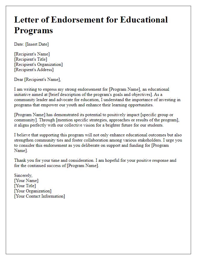 Letter template of Community Leadership Endorsement for Educational Programs