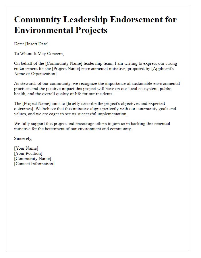 Letter template of Community Leadership Endorsement for Environmental Projects