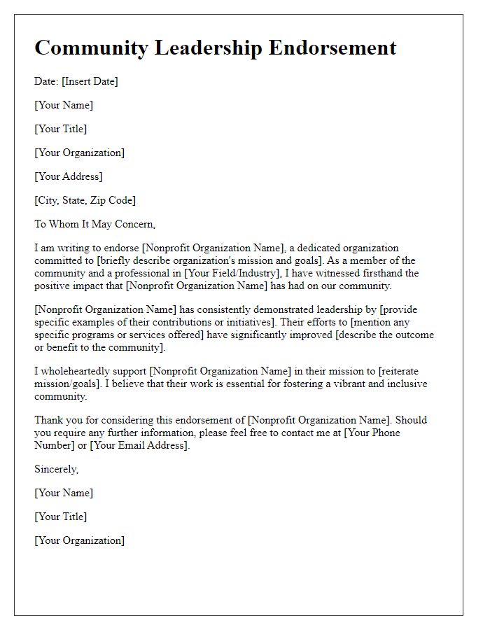 Letter template of Community Leadership Endorsement for Nonprofit Organizations