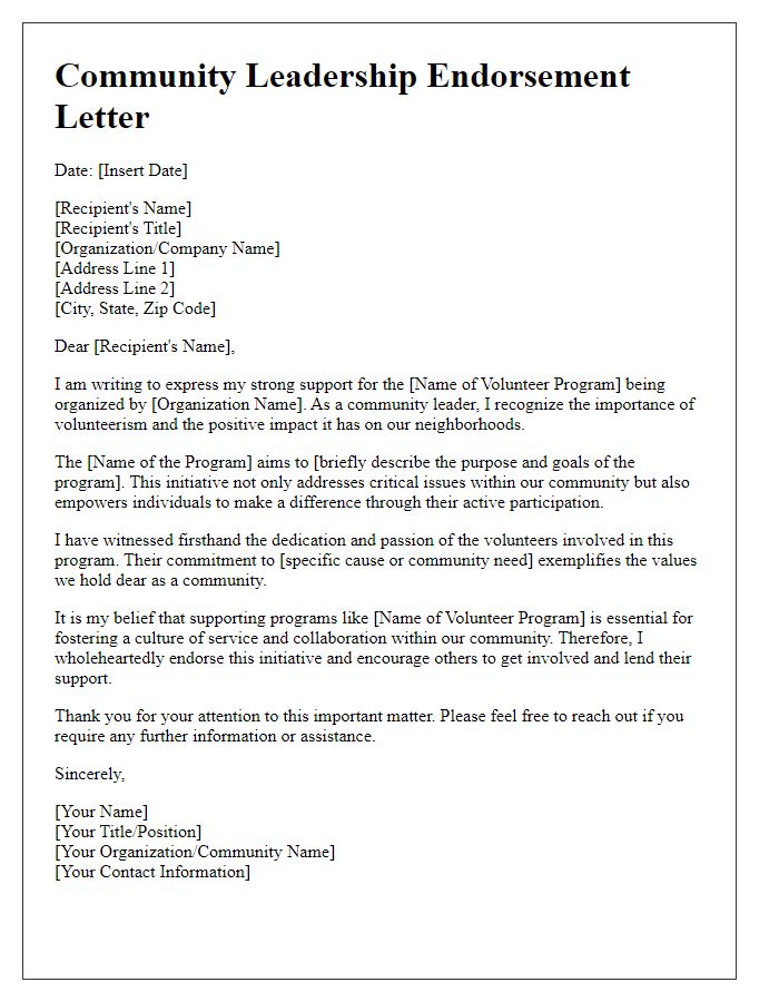 Letter template of Community Leadership Endorsement for Volunteer Programs