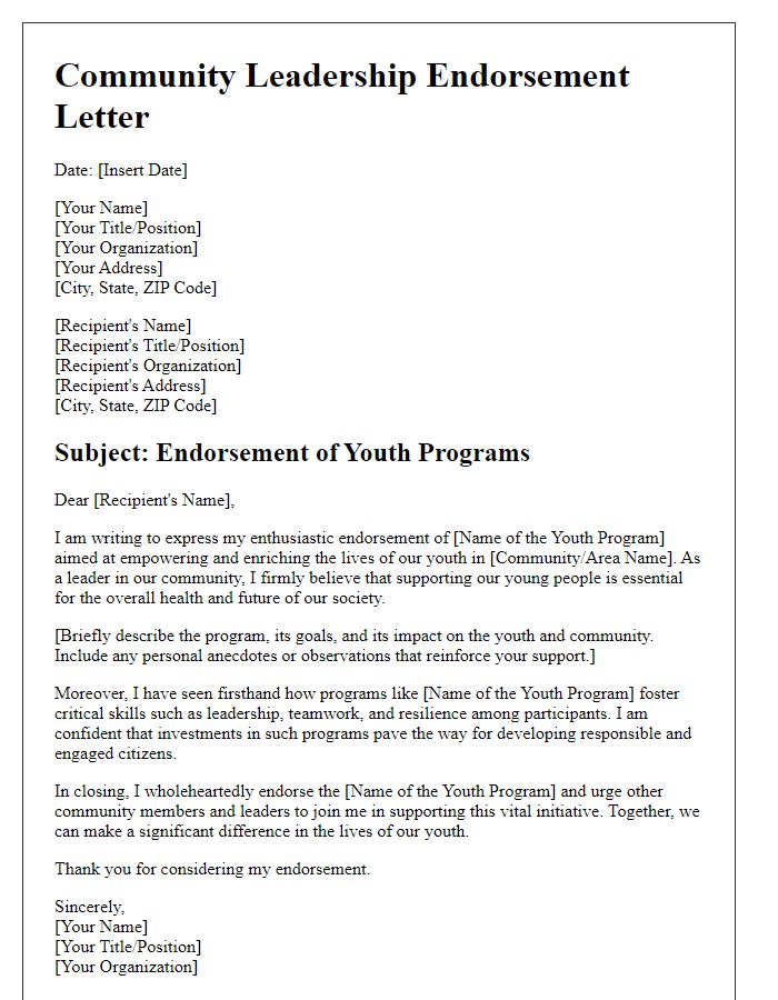 Letter template of Community Leadership Endorsement for Youth Programs