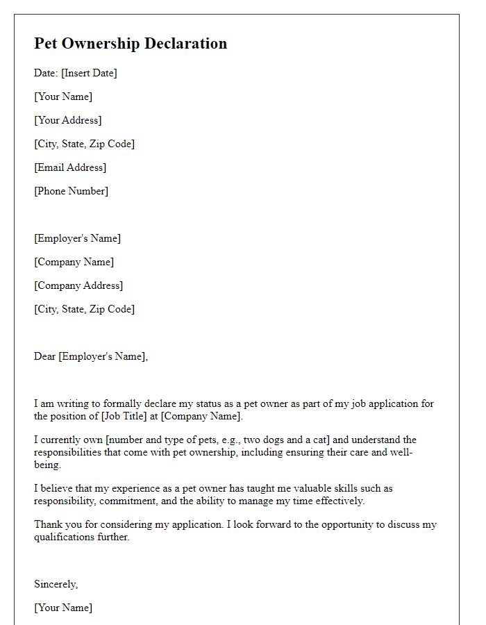 Letter template of pet ownership declaration for job applications.