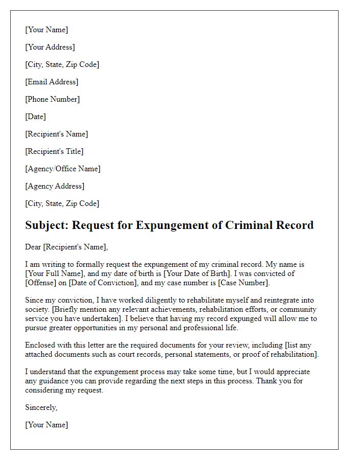 Letter template of request for criminal record expungement